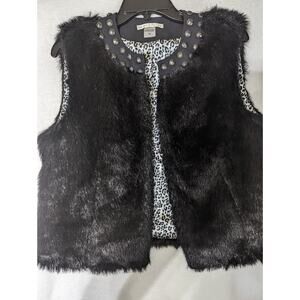 Peter NYGard Black Faux Fur Vest Studded Collar & Animal Print Lining Size M